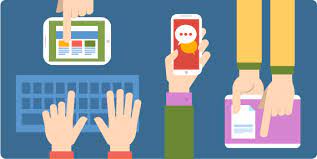 Se observan en la imagen diversas personas interactuando con tablet, celular, computadora y libro.